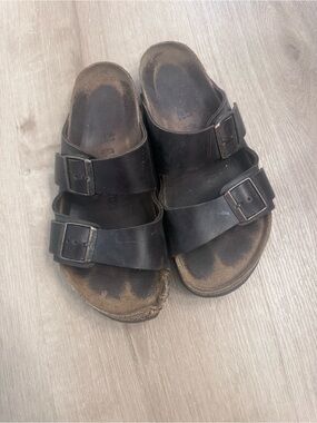 Birkenstock Double Buckle Leather Slide Sandals - Dark Brown